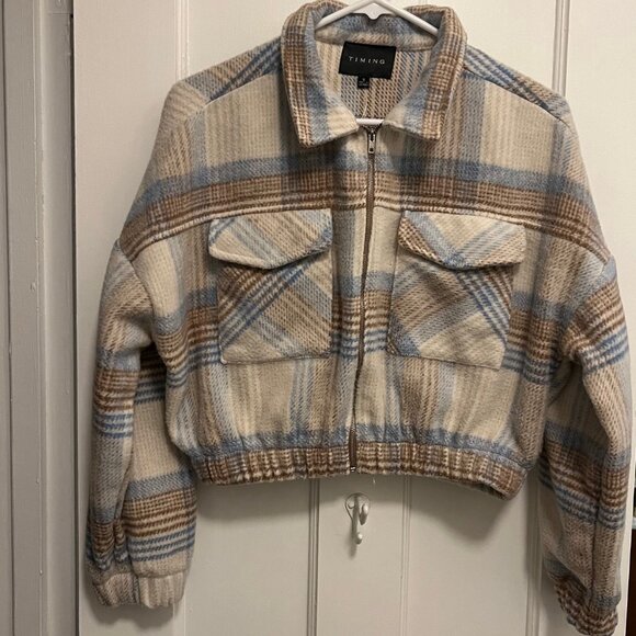 Timing Cropped Plaid Jacket, blue/tan size small - Picture 3 of 6